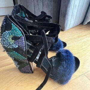 Sergio Rossi Black and Blue Beaded Heels